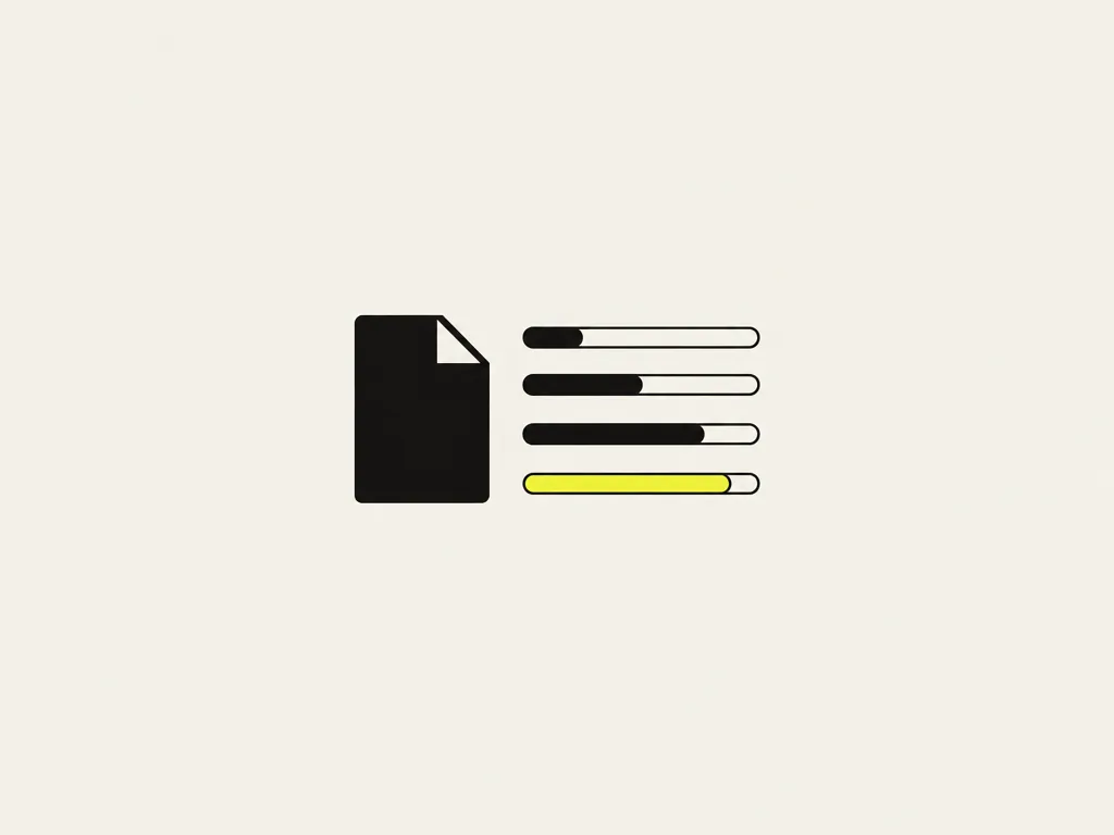 One file card beside four measurement bars filled to different lengths, the longest yellow: a single file scored on each of the four rubric dimensions.