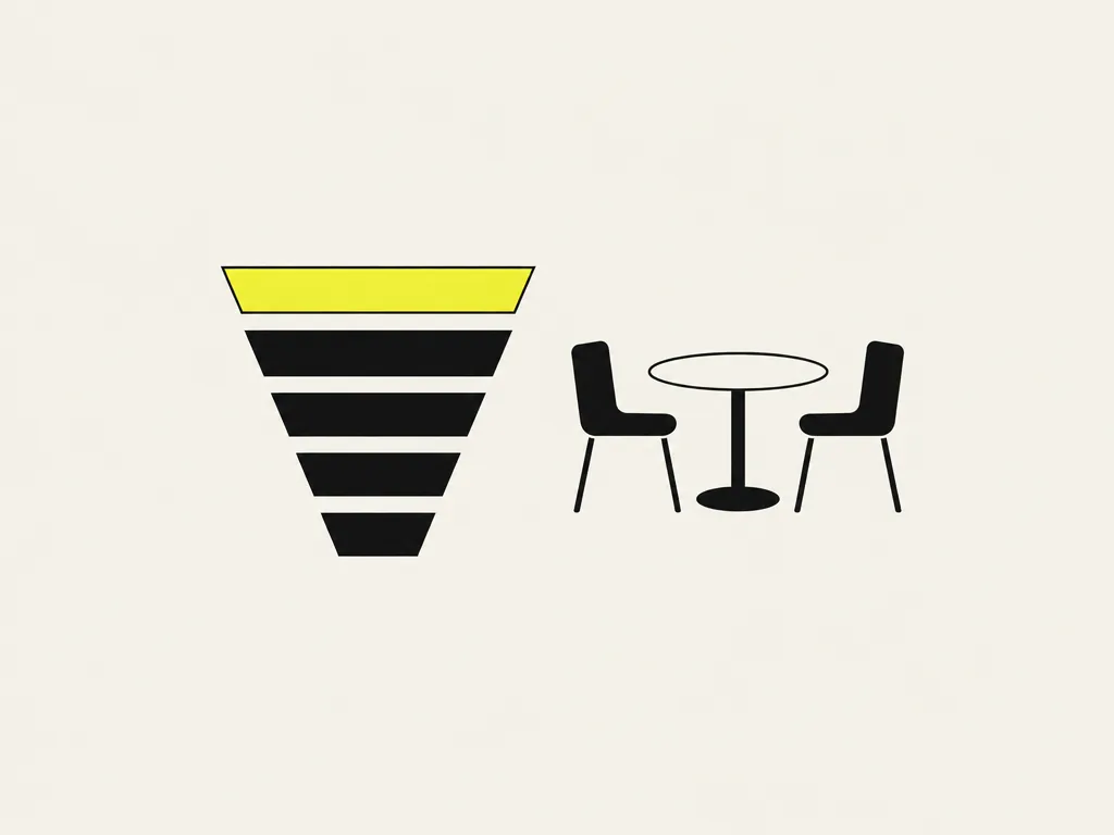 Five rows stacked from widest to narrowest with the top row yellow, next to a small table with two chairs: findings ranked by severity, then talked through with the team.