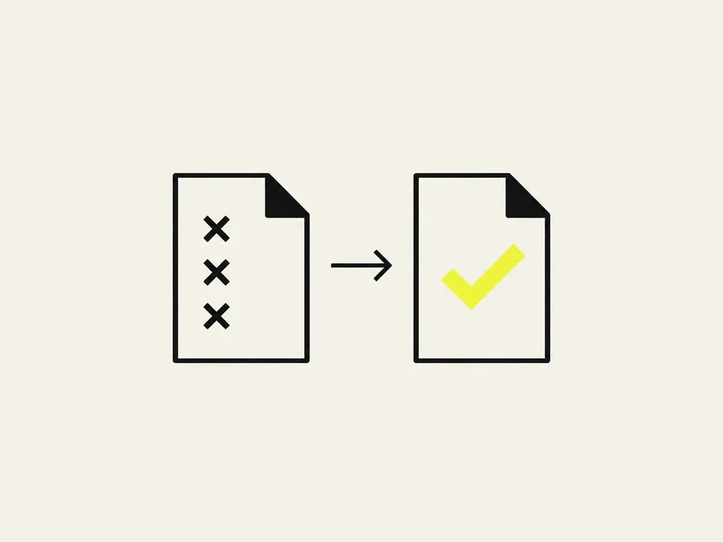 The same file card twice, three crosses on the left copy and one yellow check mark on the right: a finding re-checked after the fix landed.