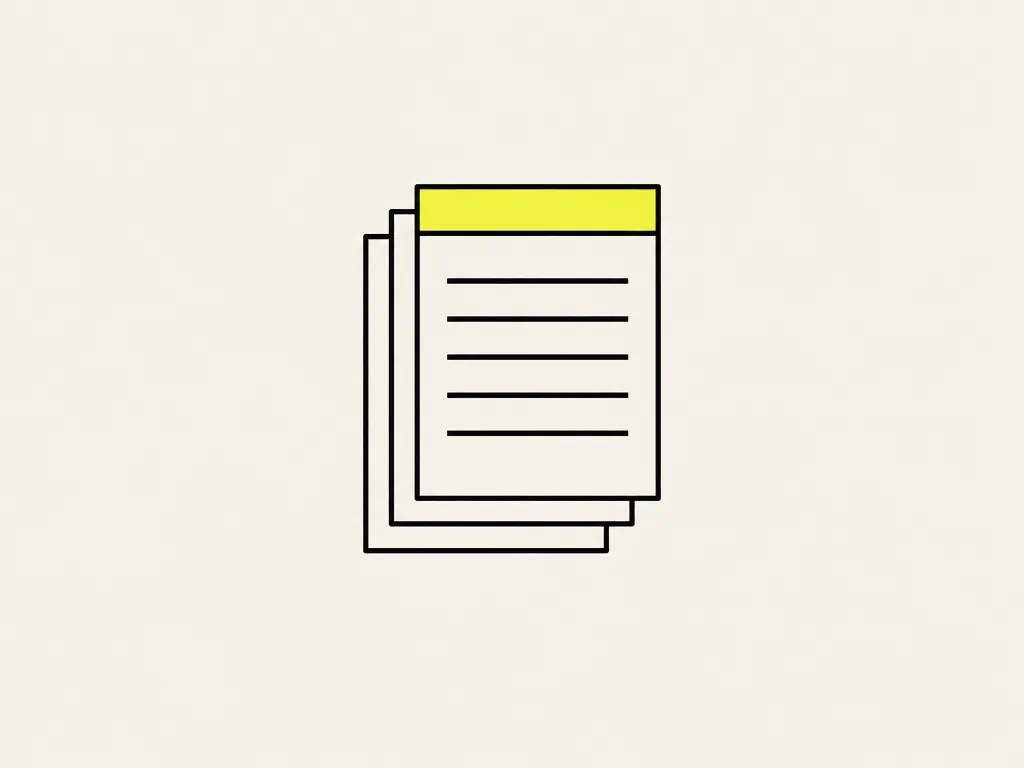 Three document sheets fanned out, the top one with a yellow header: the usage policy, the approved-tools list and the risk register drafted for review.