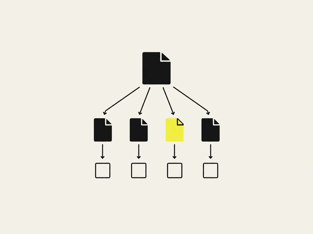 One document fanning out into four smaller copies handed to four teams, one copy yellow: the approved rules published to every department and its managers.
