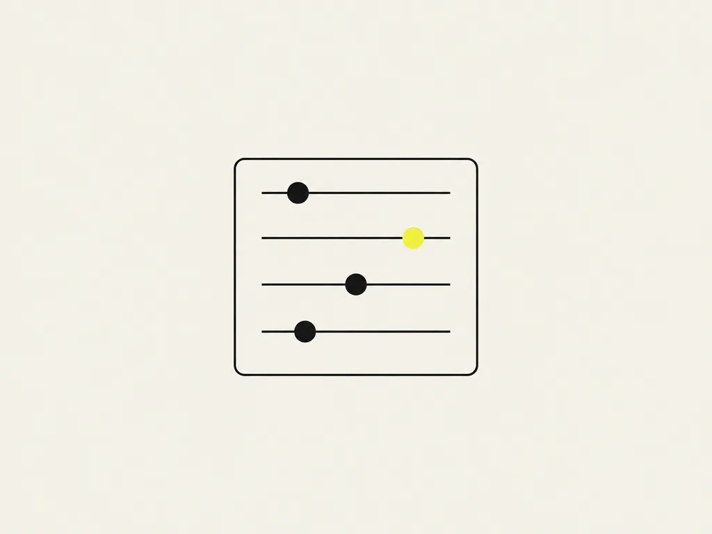 A card with four slider rows and one knob set in yellow: the quality dimensions, their weights and the pass threshold agreed up front.