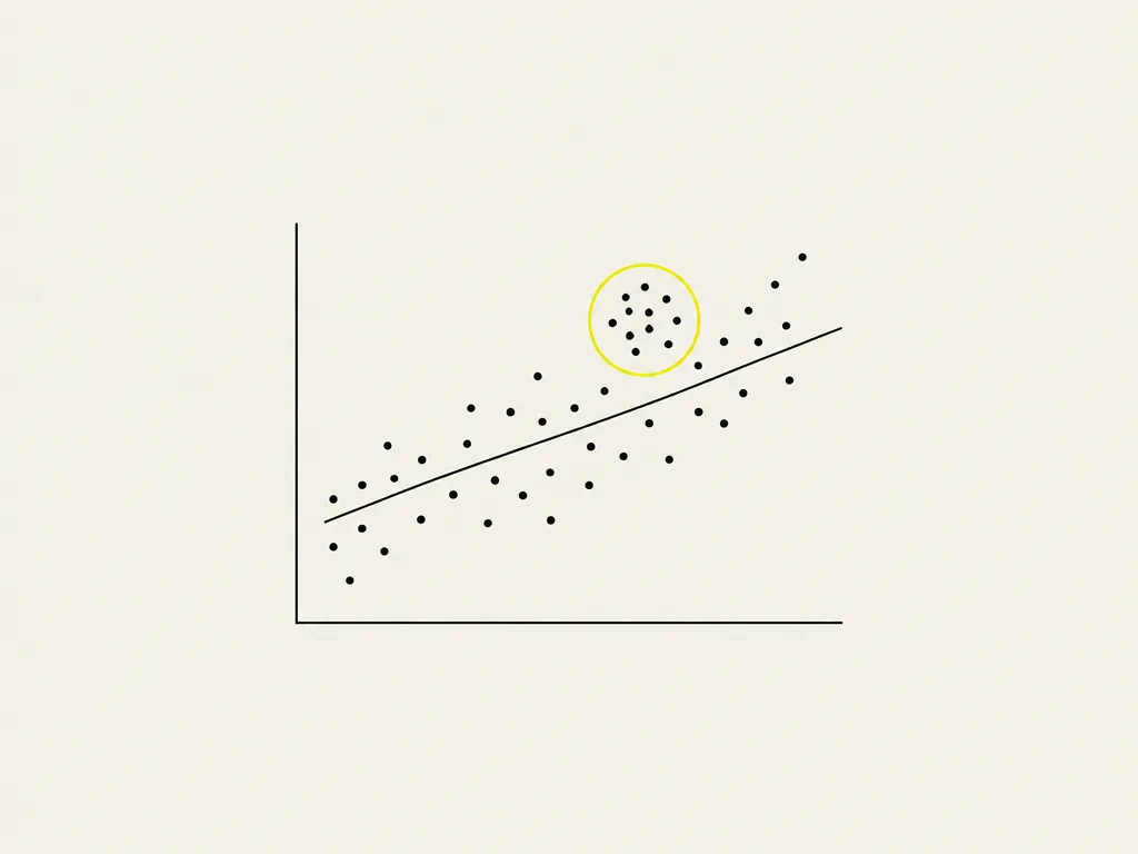A scatter of dots along a trend line with one cluster circled in yellow: scored cases grouped into failure patterns, each with its cause named.