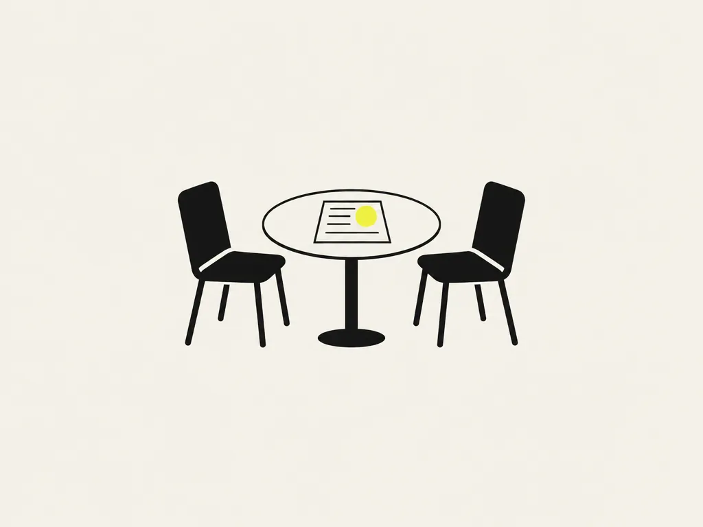 Two chairs at a round table with one sheet between them and a yellow mark on the point being agreed: who the training is for and what it has to change.
