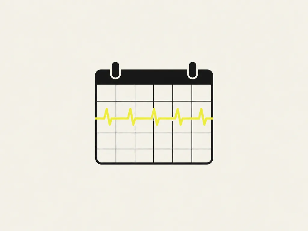 A calendar with a steady yellow heartbeat line running across it: monthly maintenance, quarterly check-ins and support when a provider changes something.