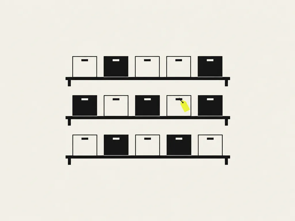 Three shelves of small boxes, some filled in and one carrying a yellow tag: every AI system in use found and labelled, whether built, bought or embedded.