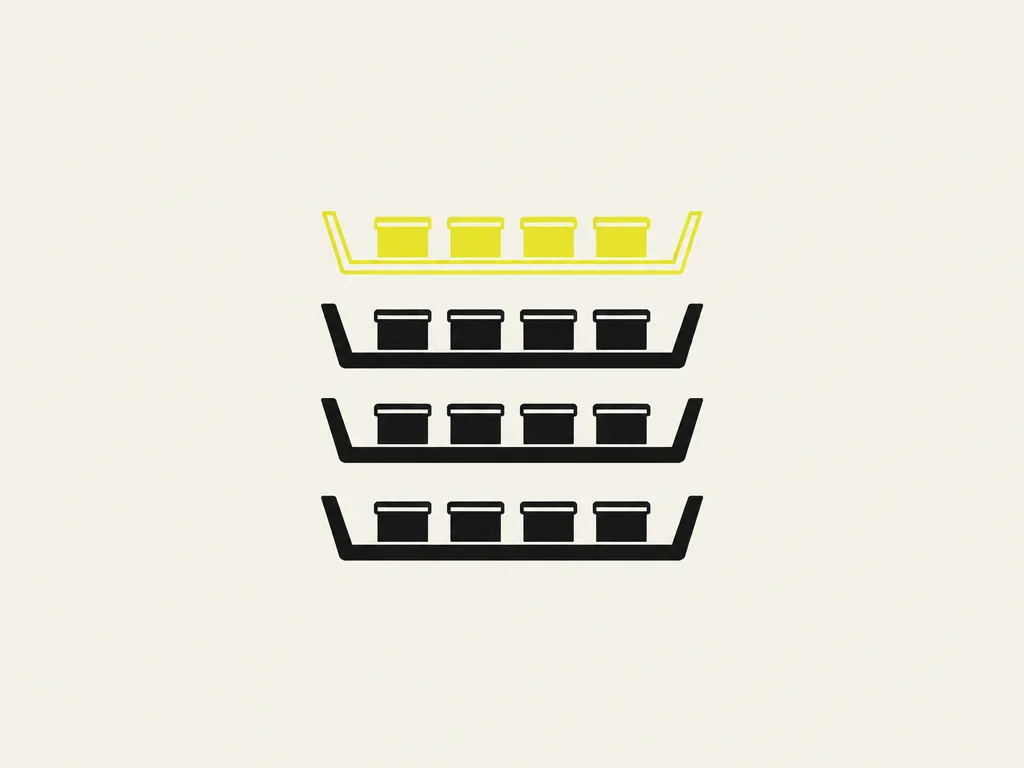 Four trays stacked with small boxes sorted into them, the top tray outlined in yellow: each system placed in its risk tier under the Act, with the company's role for it noted.