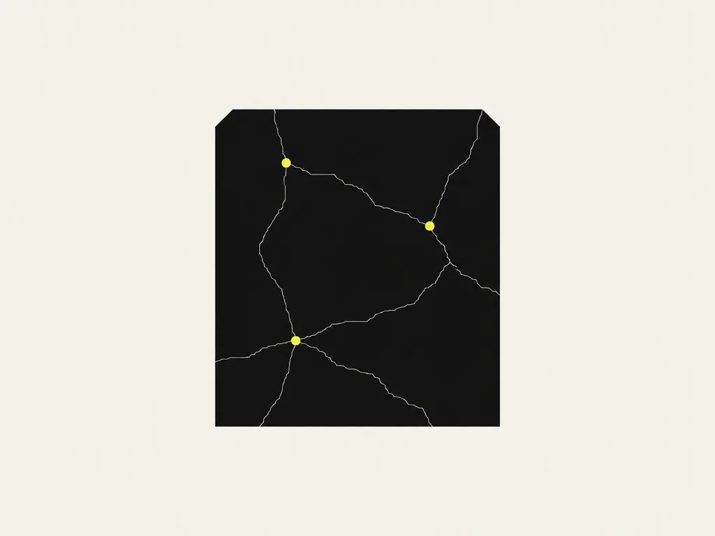 One large solid block with thin cracks running across it and yellow markers at three points: the monolith after code analysis and dependency mapping, its weak spots marked.