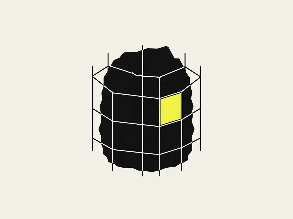 An old block wrapped in a lattice that divides it into compartments, one compartment yellow: the boundaries along which components are carved out and replaced, phase by phase.