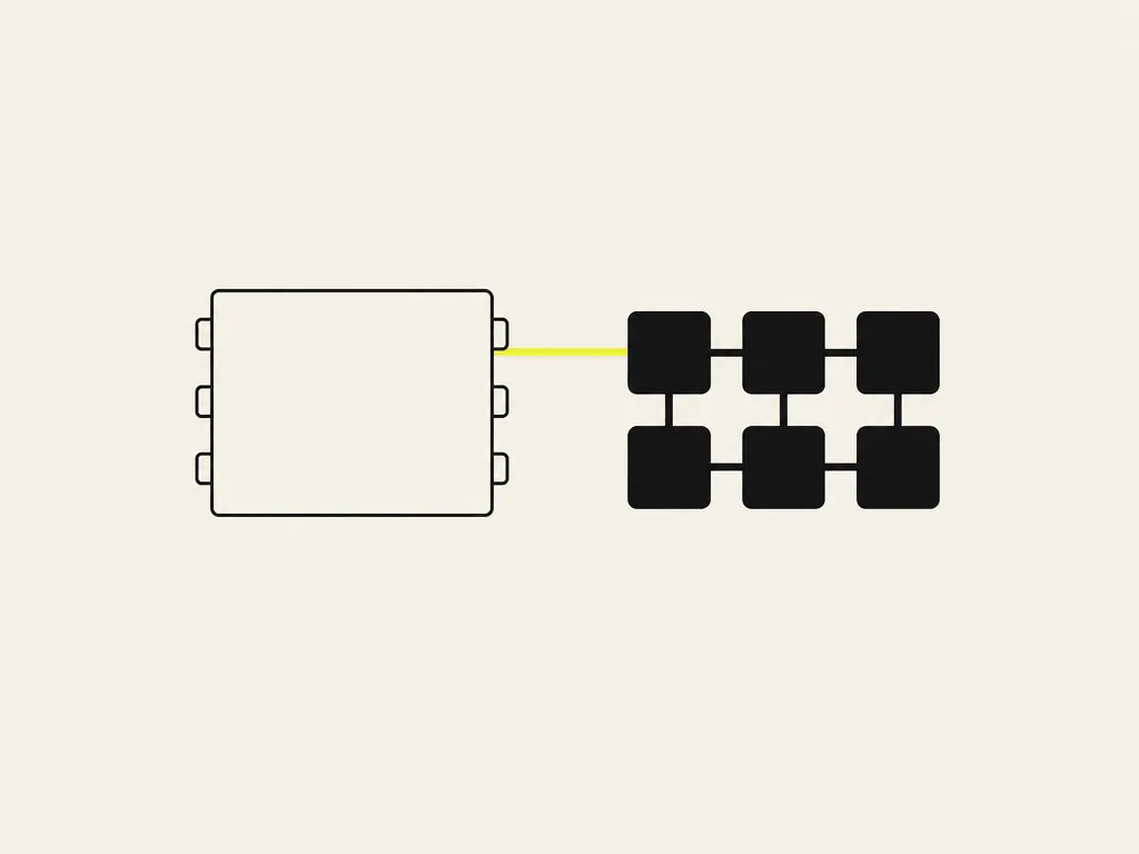 The faint outline of the old block on the left and a cluster of six connected modules on the right, joined by one yellow line: the legacy path retired once the new one runs on its own.