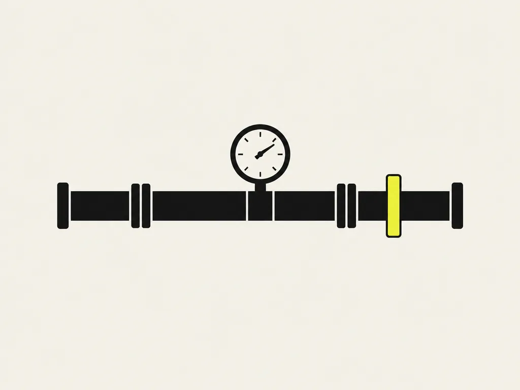 A pipeline with a gauge in the middle and a yellow gate near the end: evaluation runs per feature, with a CI gate that blocks the merge below the agreed threshold.