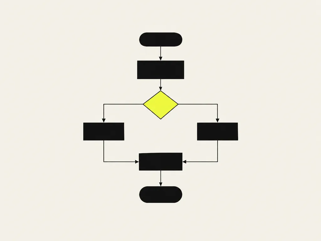 A flowchart of boxes and a decision diamond, the diamond yellow: the process as it runs today, written down with its steps, decisions and exceptions.