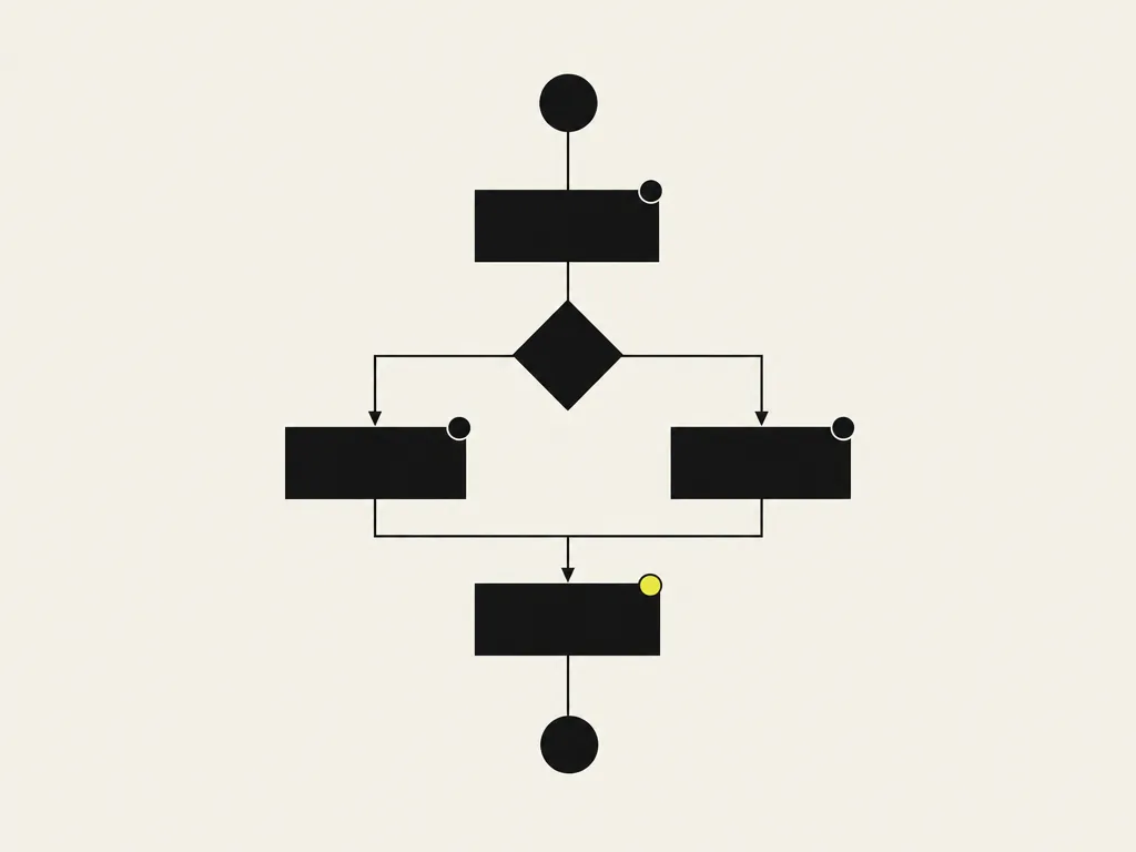 The same flowchart with a dot at the corner of every step to mark a completed run, one dot yellow: each step built and tested on real cases, exceptions included.