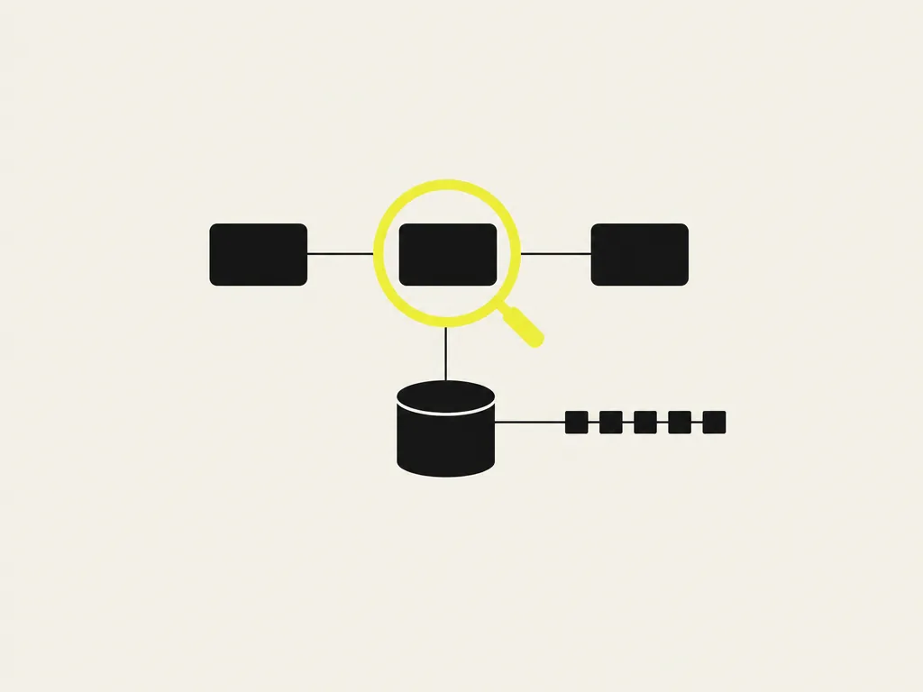 A system diagram of three services, a database and a queue, with a magnifying lens held over one service: the architecture, runbooks and monitoring reviewed component by component.