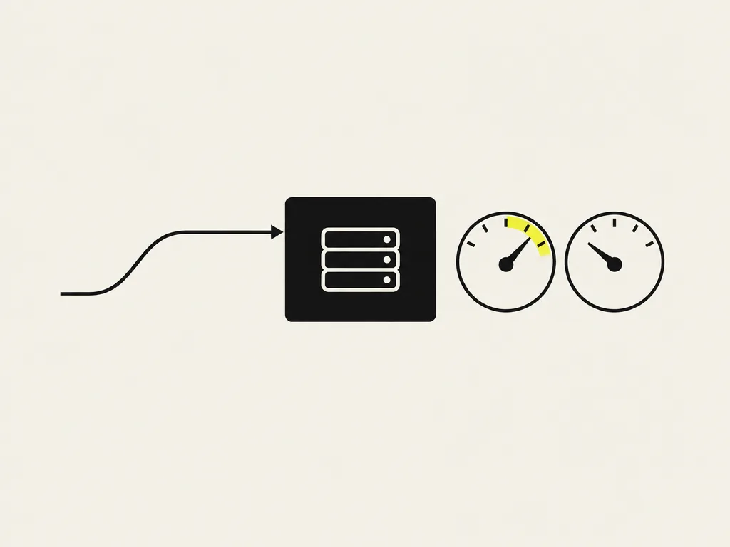 A traffic curve entering a service, two gauges beside it with one needle in the yellow zone: rollback, runbooks and alerts exercised on staging.