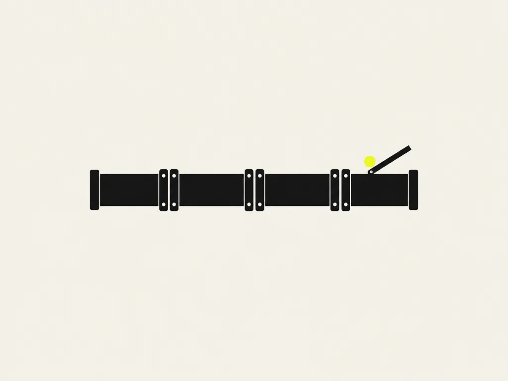 A pipeline of four segments with the gate on the last one lifted open and a yellow mark where it opened: the fixes re-checked and the last gate cleared.